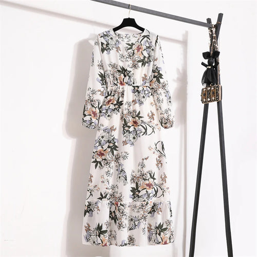 Spring Summer Women Maxi Dresses Casual Full Sleeve Floral Printed