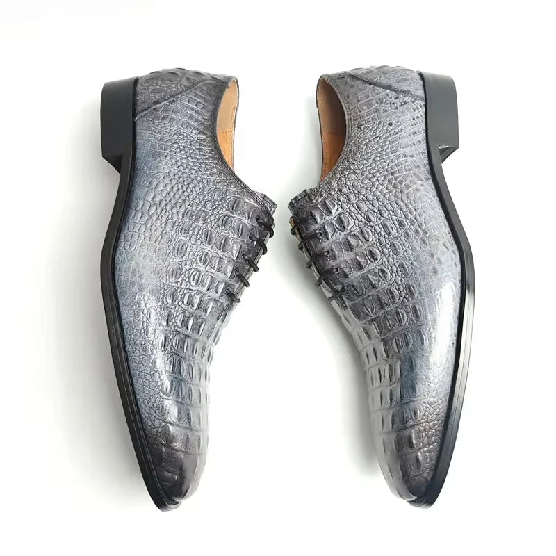 Deluxe Leather Shoes Crocodile Pattern Lace Up Wedding Shoes for Men Business Casual Leather Shoes Round Toe Height Increasing