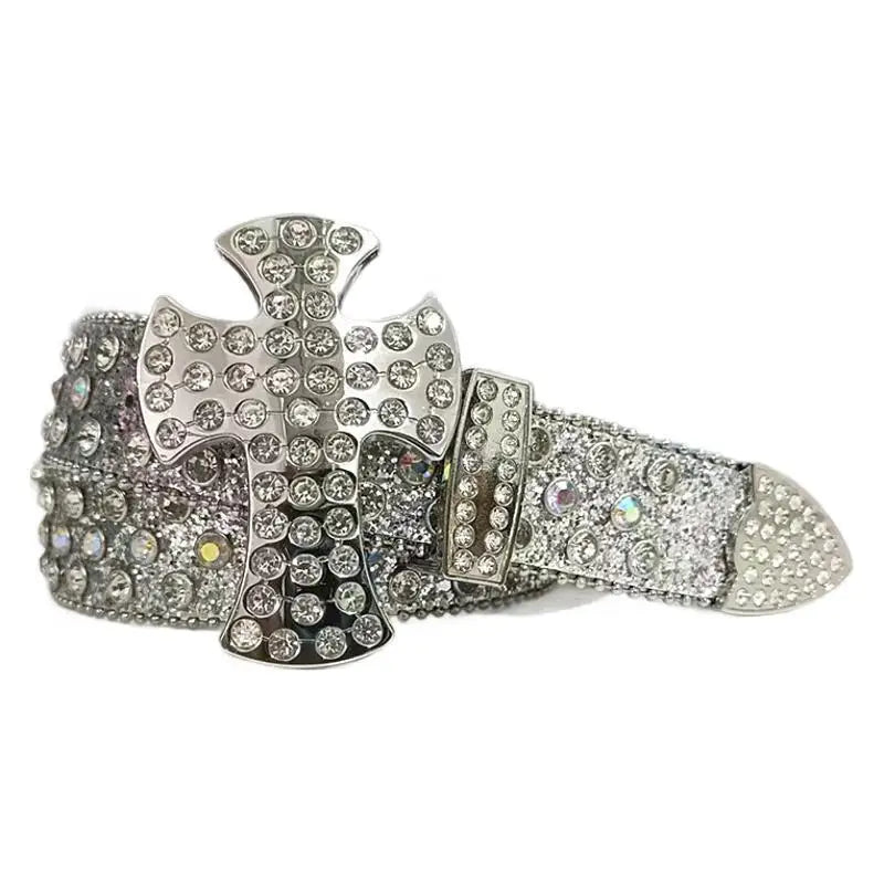 Glittering Rhinestone Belts Y2K Crystal Studded Belts For Men & Women Inspired Ice Belt BB With Cross Big Buckle