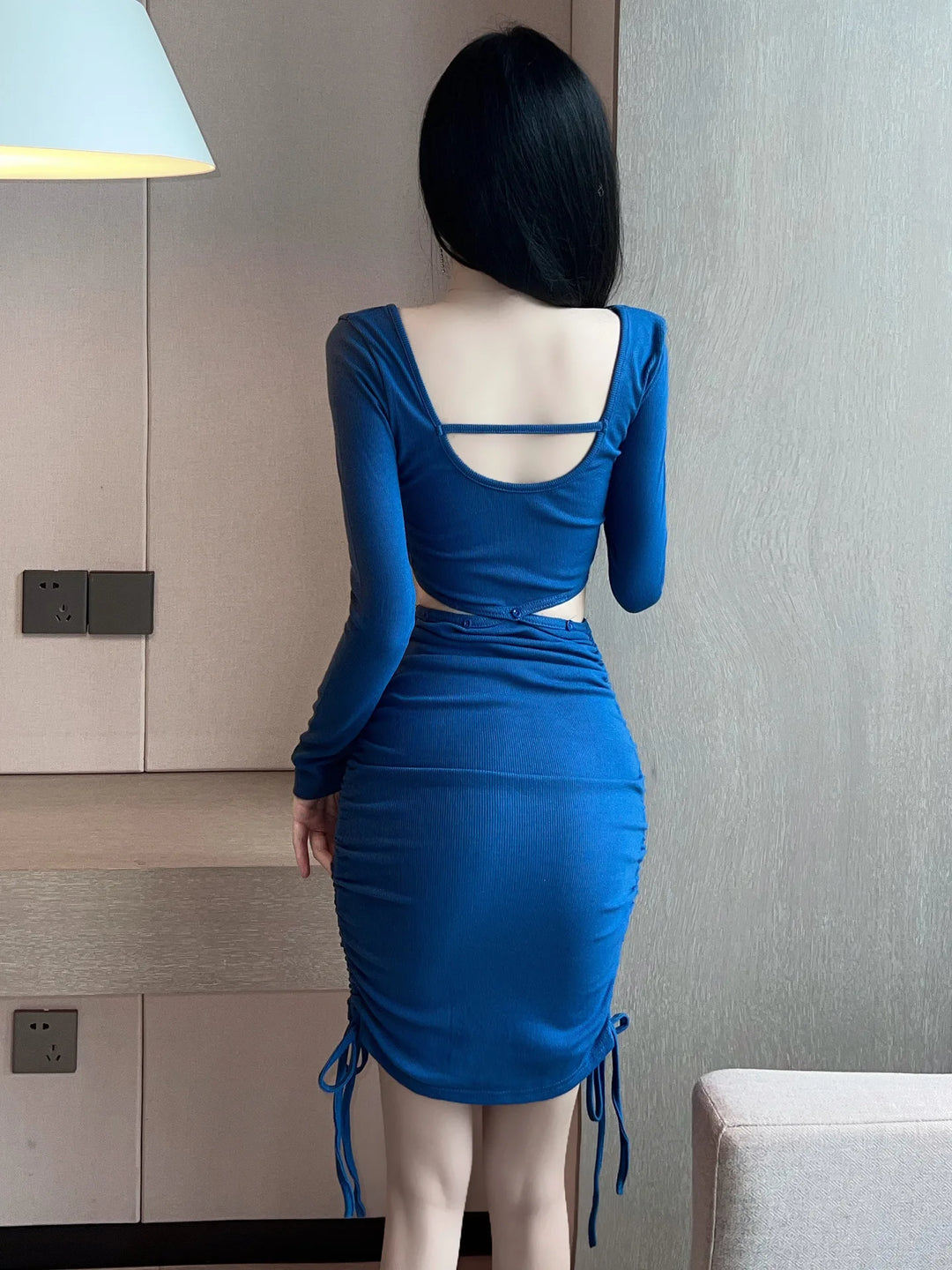 Drawstring Blue Tops Mini Dress New Sexy Spicy Girl Long Sleeve Hollow