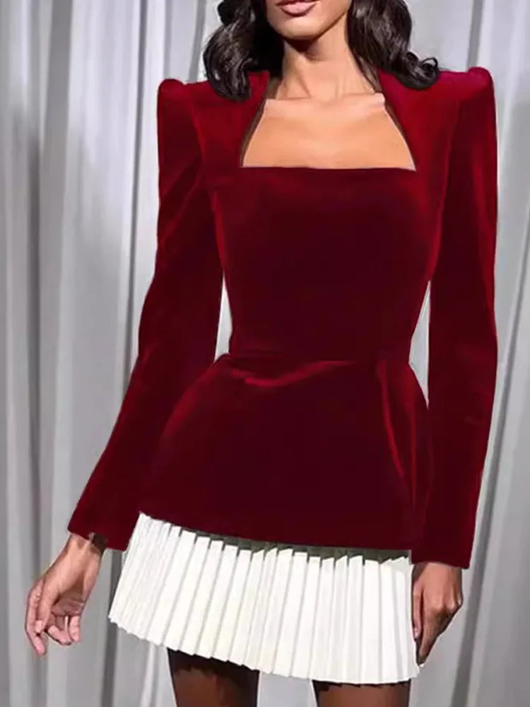 Elegant Solid Color Square Collar Full Sleeve Woman Mini Skirt Set