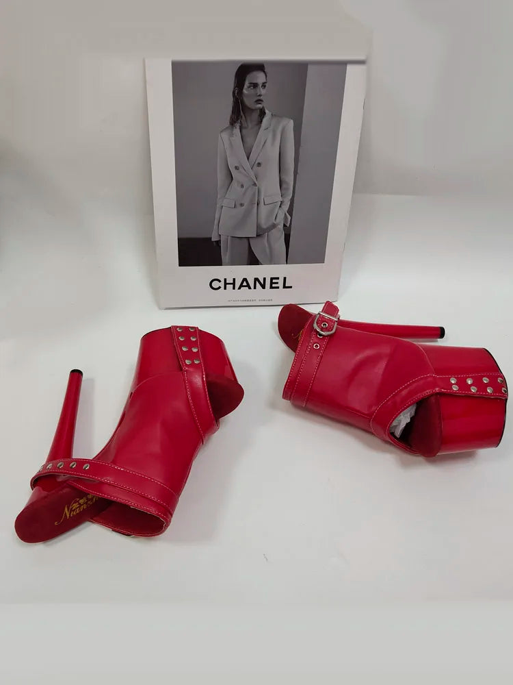 17CM Women's High Heeled Shoes Thick Platform Gothic Shallow Slippers Rivet Big Size Nightclub 7 Inches White Party Buckle Strap