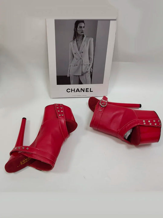 17CM Women's High Heeled Shoes Thick Platform Gothic Shallow Slippers Rivet Big Size Nightclub 7 Inches White Party Buckle Strap