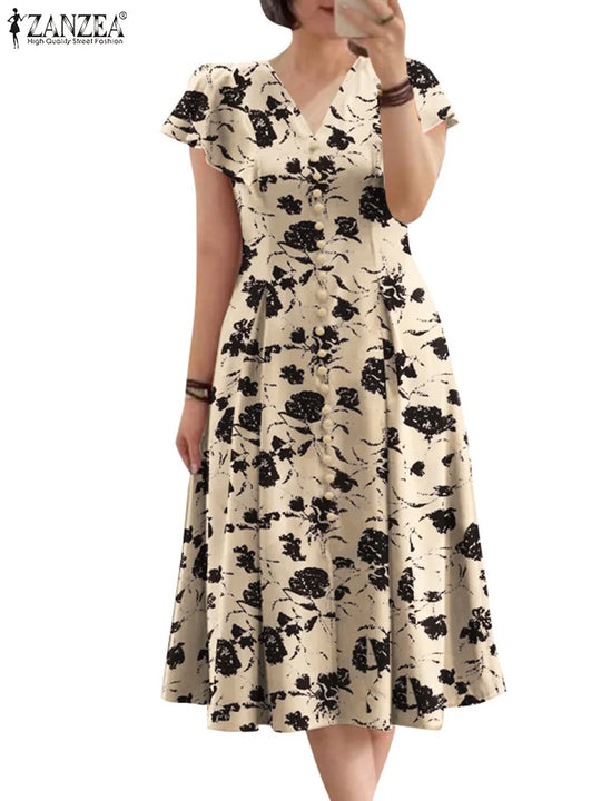 ZANZEA Ruffle Sleeve V Neck Party Sundress Casual Women 2024 Summer
