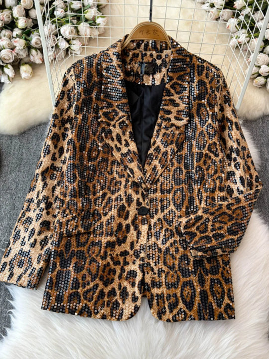 Street Style Leopard Print Suit Blazer Female 2024 Autumn New Fashion