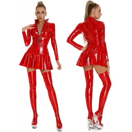 Pluse Size Women Shiny Leather Dress Long Sleeve Zipper Pvc Latex