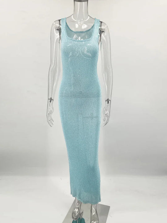 Tossy Sequin Slim Scoop Neck Maxi Dress Female Backless Glitter