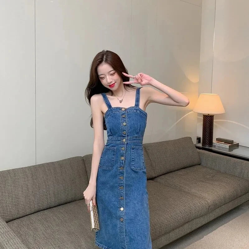Denim Dress Women 2023 Summer New Retro Casual All-match Denim Slip