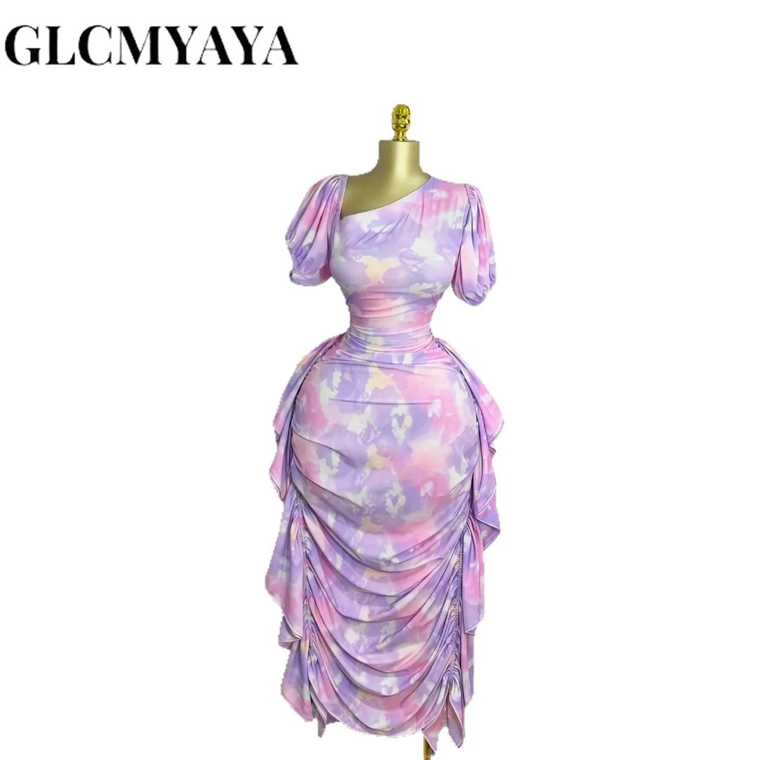 Women Tie Dye Printed Skew Neck Ruched Stacked Bodycon Midi Maxi Long Dress Vacation Holiday Sexy Vestidos Dresses