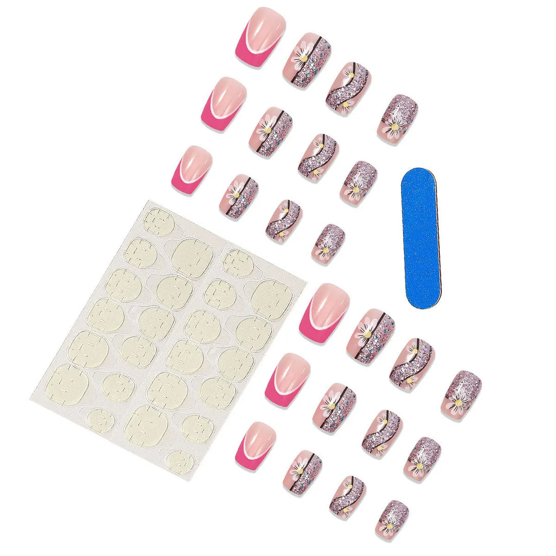 24pcs/set short saure fake nails for Spring summer season french style flowers butterfly design press on false nail art tips