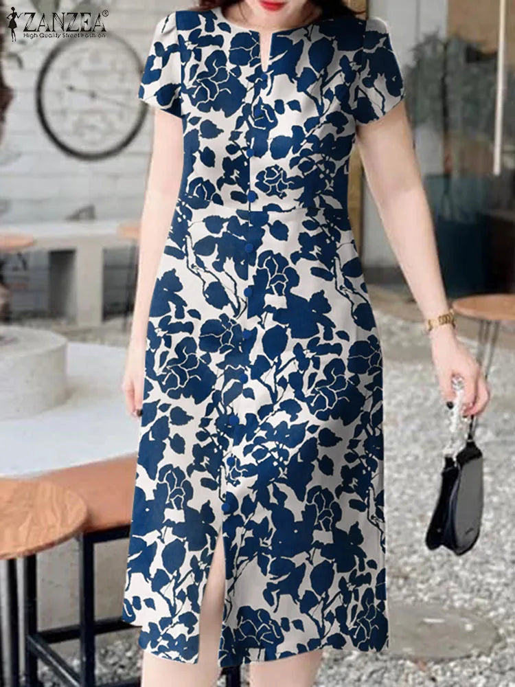 ZANZEA 2024 Summer Women Holiday Midi Dress Fashion Floral Print
