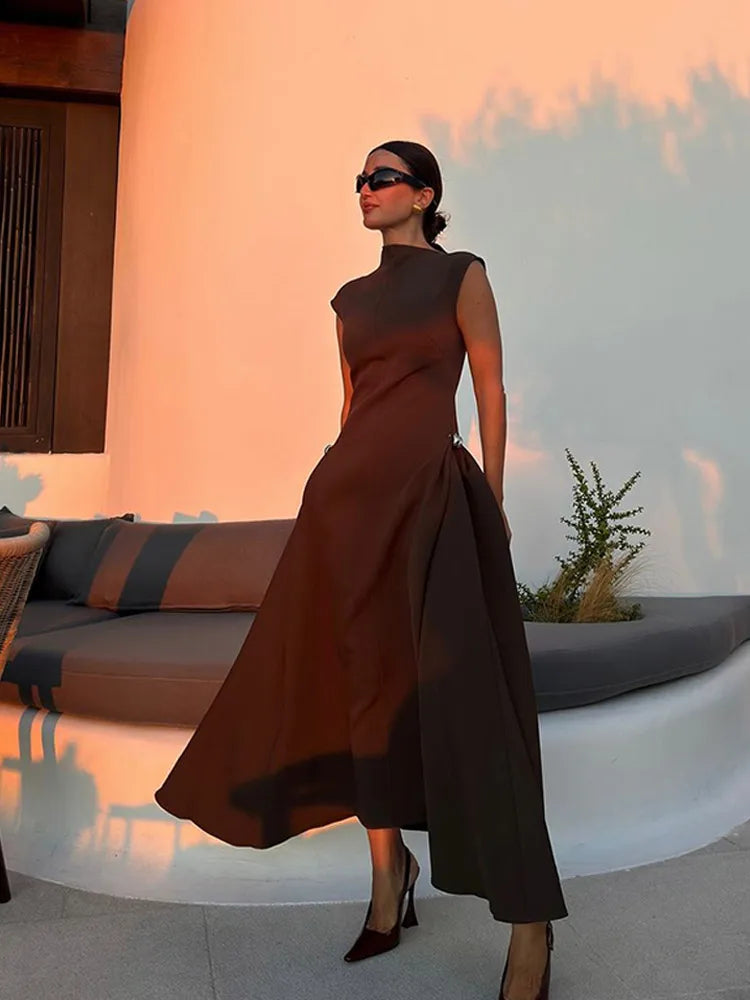 Elegant Oblique Collar Pleated A-line Dress For Women Fashion Brown