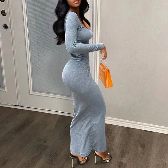 Women Dresses Long Sleeve Sheath Square Collar Slim Fit Dress Vestidos