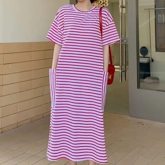 Summer New Round Neck Short Sleeve Loose Casual Tshirt Dress Women High Street Striped Patchwork Pocket All-match Maxi Dresses