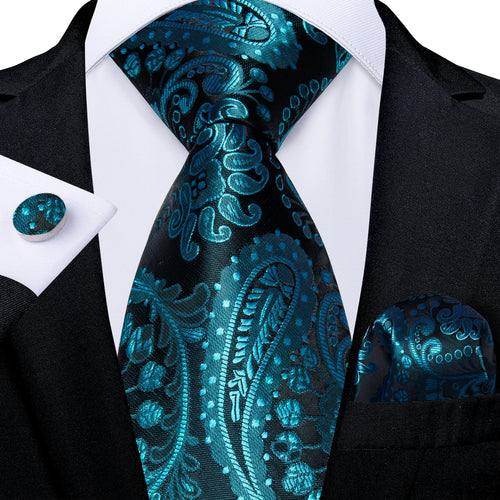 DeBanker Men Necktie Teal Blue Paisley Designer Silk Wedding Tie For