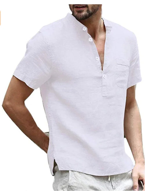 High Quality New Men'S Linen V Neck Bandage T Shirts Male Solid Color
