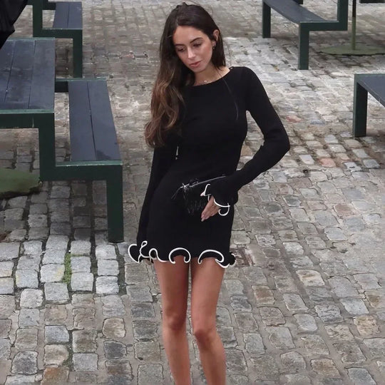 Talenza Black Ruffle High Waist Mini Dress Women's Sexy Slim Long