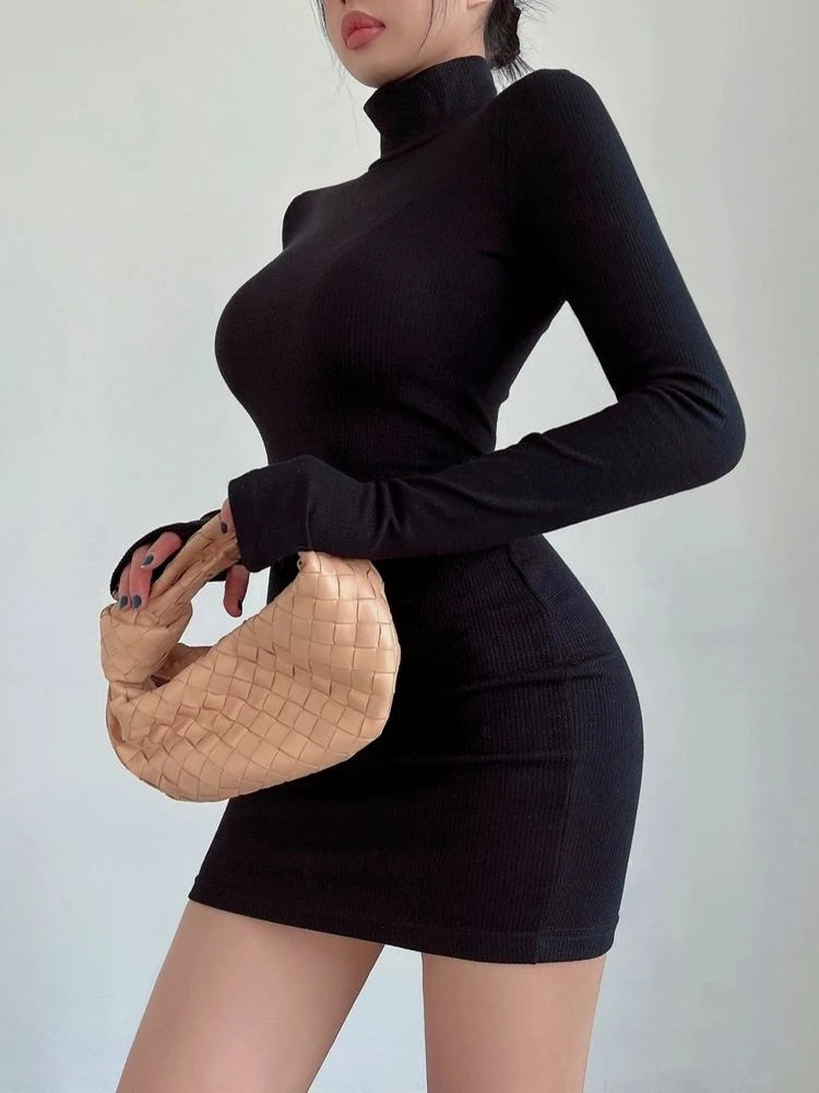 Turtleneck Long Sleeves Dresses Black Sexy Pleated Bodycon Mini Dress