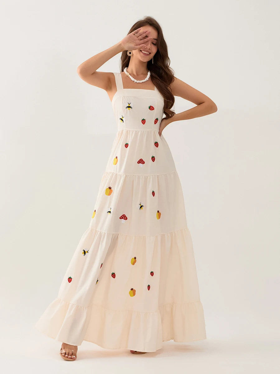 wsevypo Elegant Flower/Strawberry Embroidery Long Flowy Hem Dress