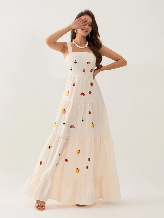 wsevypo Elegant Flower/Strawberry Embroidery Long Flowy Hem Dress