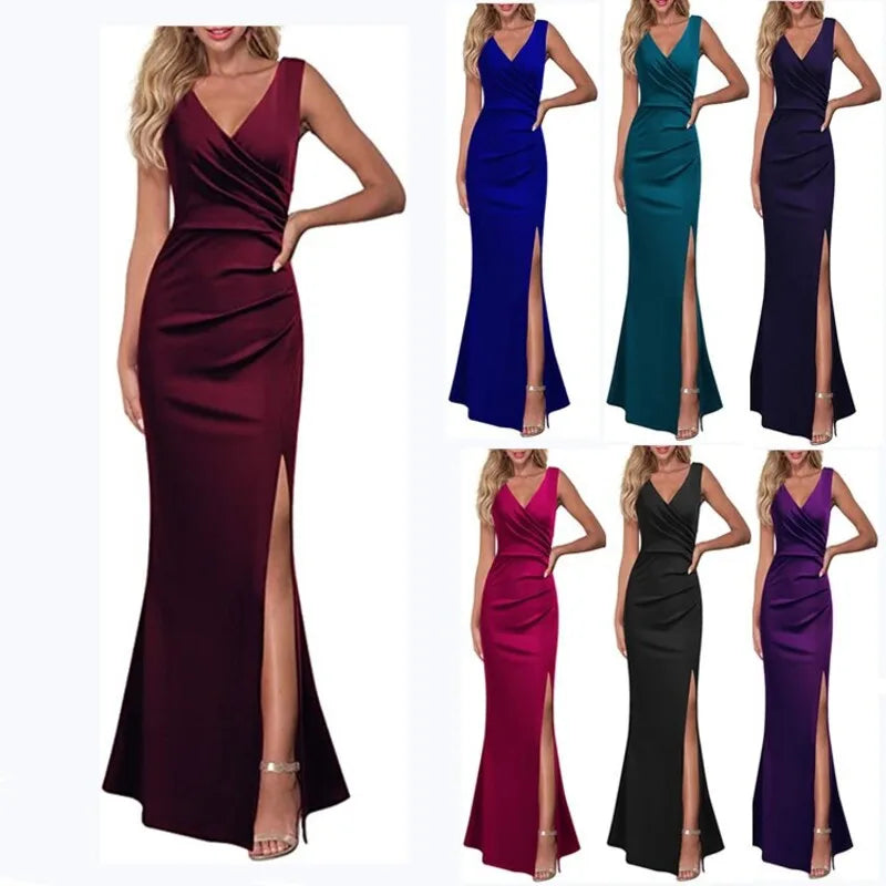 Summer Elegant Women's Sexy Sleeveless Slit Skirt Hot Wedding Long Dress Ladies Sling Backless Strap V-Neck Dress Female