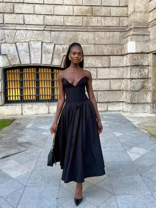 Black Elegant Wedding Events Dress Sexy Strapless Corset Dress Midi