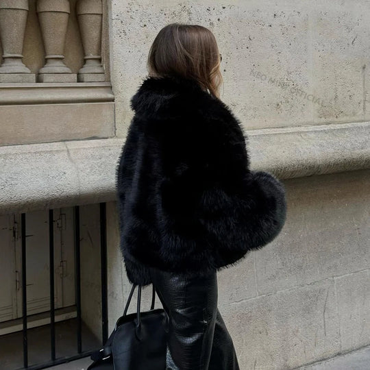 Neo Mint Street Fashion Shawl Collar Faux Fox Fur Coat Women 2024
