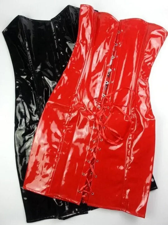 Hot Red Black Body Slim PVC Corset Sexy Club Long Bustier Dress Long