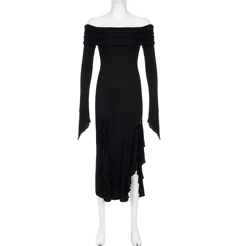 SUCHCUTE Elegant Off Shoulder Ruffles Split Long Dress Black Fashion