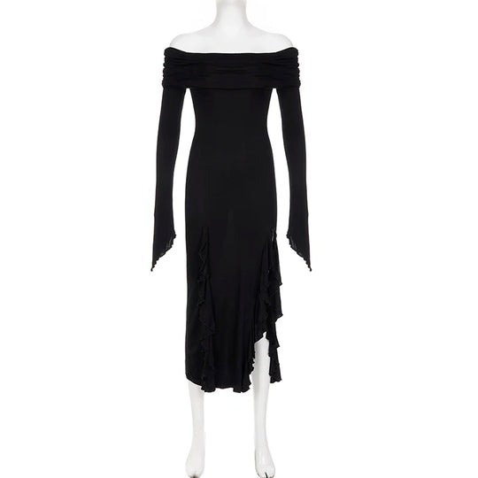 SUCHCUTE Elegant Off Shoulder Ruffles Split Long Dress Black Fashion