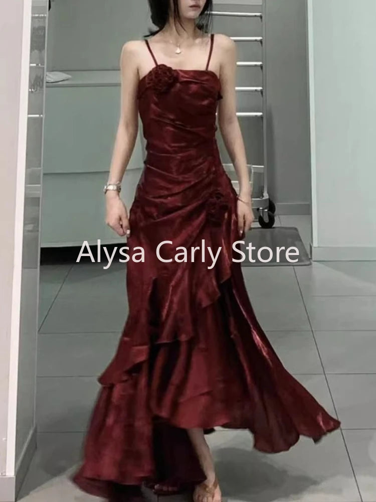 Korean Vintage Velvet Long Dress Women Luxury Slim Mermaid Spaghetti