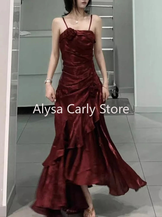 Korean Vintage Velvet Long Dress Women Luxury Slim Mermaid Spaghetti