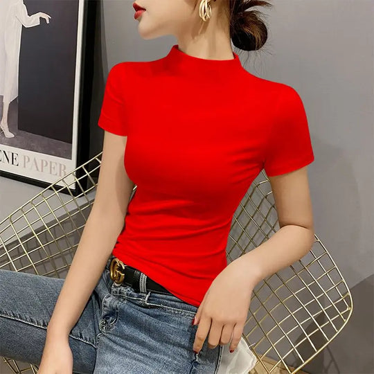 Luxury New Korean Style Women's Clothes High Neck Stretch Short