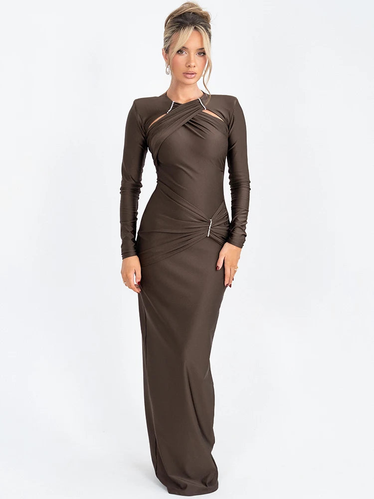 Mozision Hollow Out Long Sleeve Sexy Maxi Dress For Women Gown Fashion