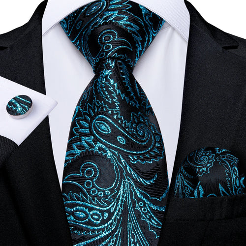 DeBanker Men Necktie Teal Blue Paisley Designer Silk Wedding Tie For