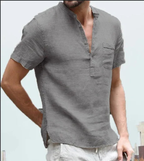 High Quality New Men'S Linen V Neck Bandage T Shirts Male Solid Color