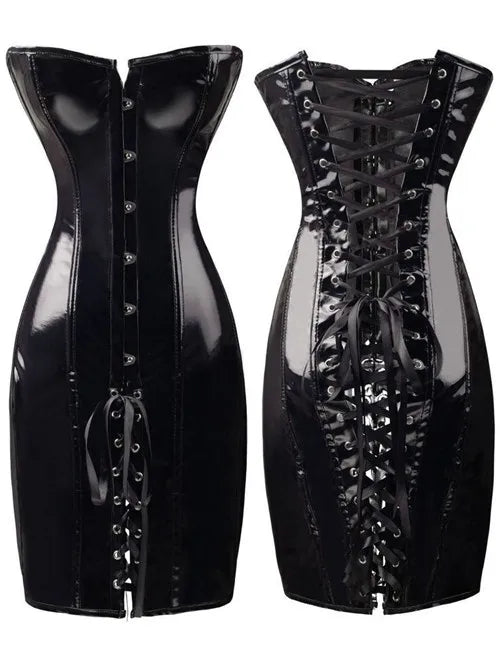 Hot Black/Red Long PVC Leather Corset Dress Sexy Women Gothic Waist