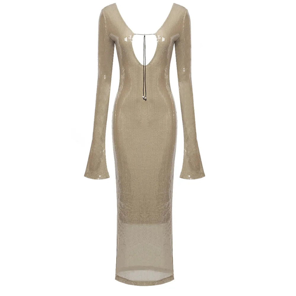 Elegant Lace Up Deep V Bandage Dress Long Sleeves Ankle Length Party