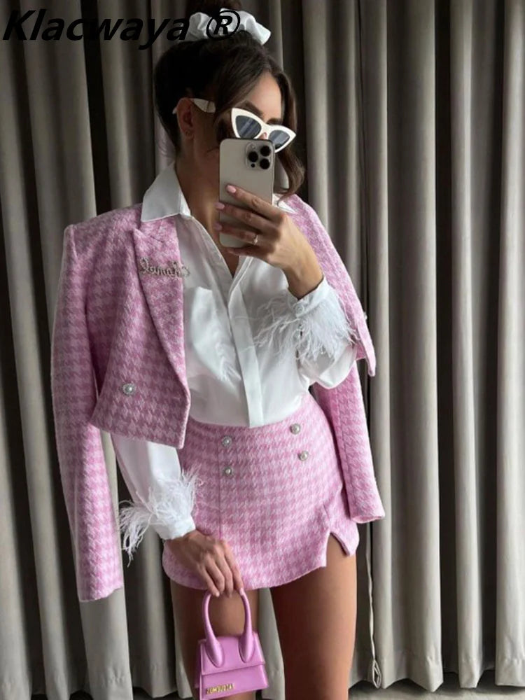 Klacwaya Tweed Set 2 Piece Chic Blazer Women Suit Shorts Sets Women