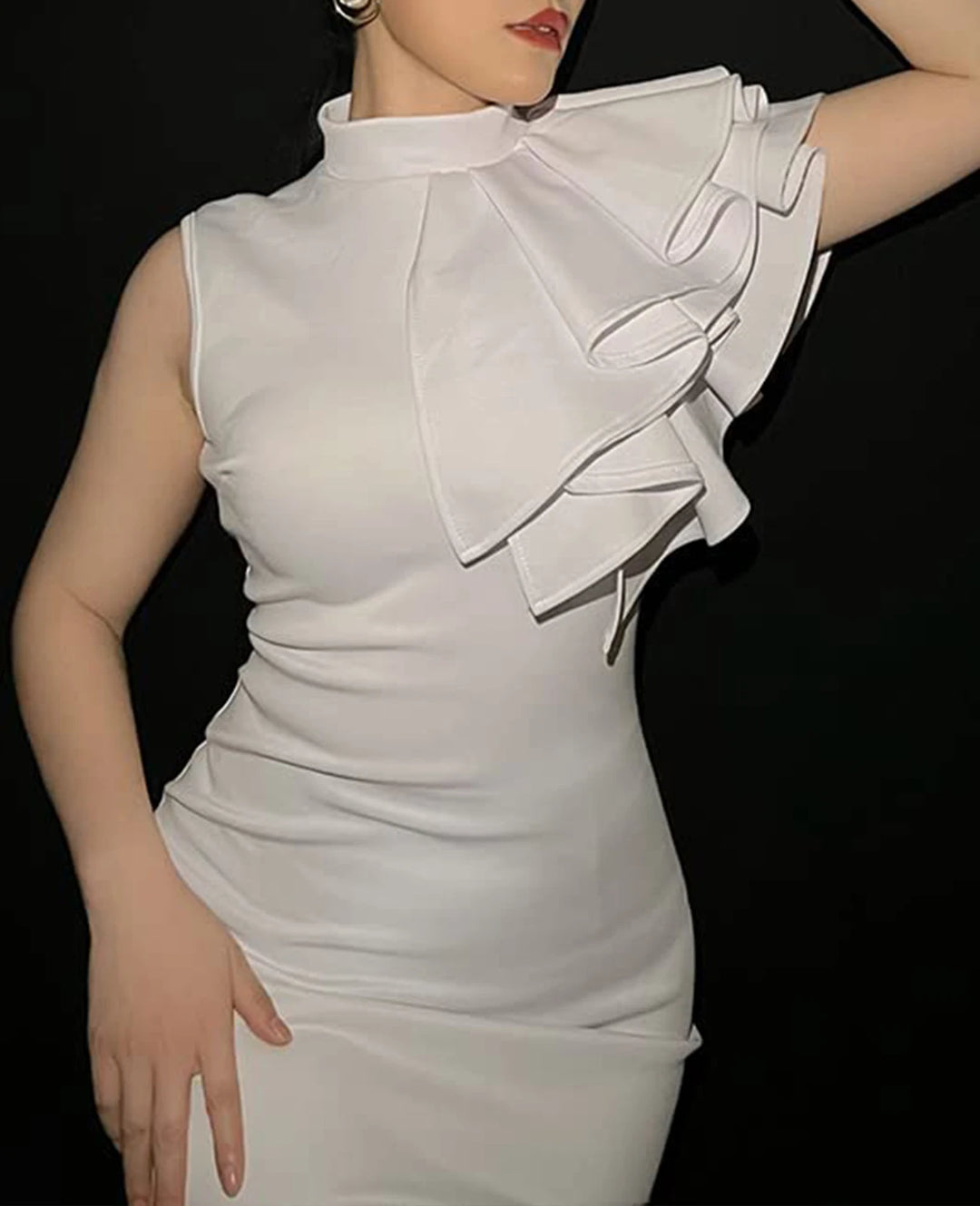 Solid Layered Ruffle Sleeve Trim Dresses Elegant Mock Neck Bodycon Sleeveless Wedding Guest Dress