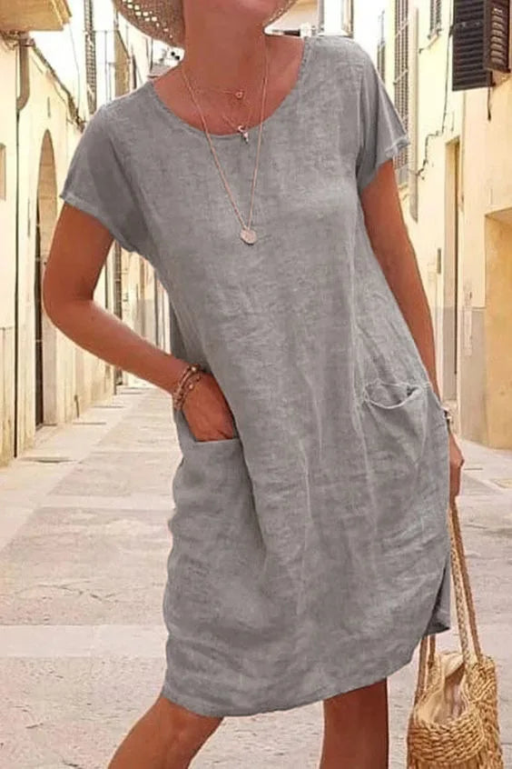 Elegant Women's Casual Dresses 2023 Summer Loose Solid Pocket Short Sleeve O Neck Cotton Linen Dress Lady Robe  Vestidos Mujer
