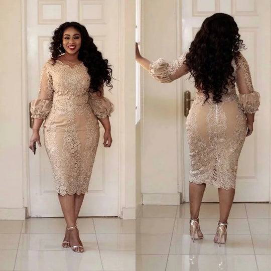Customized Sexy Curvy Cocktail Party Dress Sheer Lace Applique 3/4 Sleeve Tea-Length Luxury Evening Dresses Dress For Women