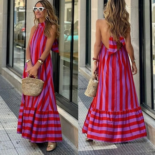 Stripe Print Halter Neck Long Dresses Women Fashion Backless Party