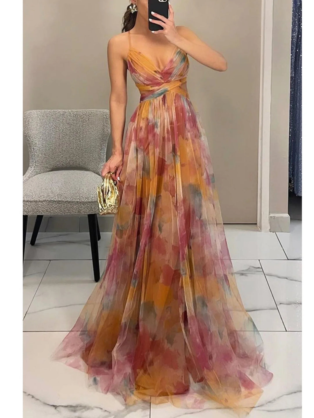 Spring/Summer New Mesh Printed Sling Dress Vacation Casual Gathering Dress
