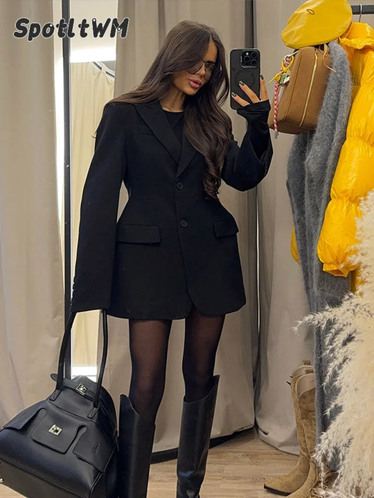 Classic Black Lapel High Waist Buttons Suit Overcoat Elegant Single