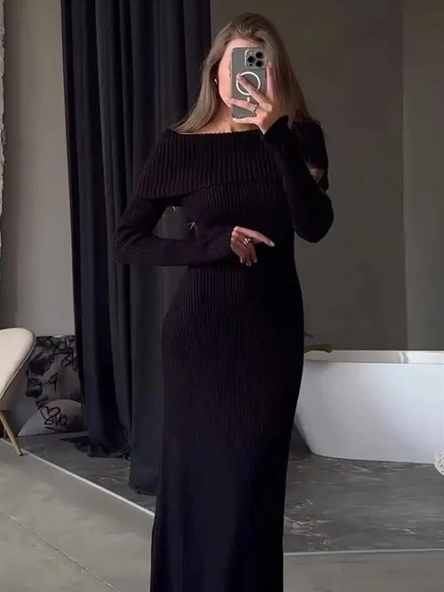 Tossy Fashion Knit Long Dress Off-Shoulder Female Ribbed Loose High
