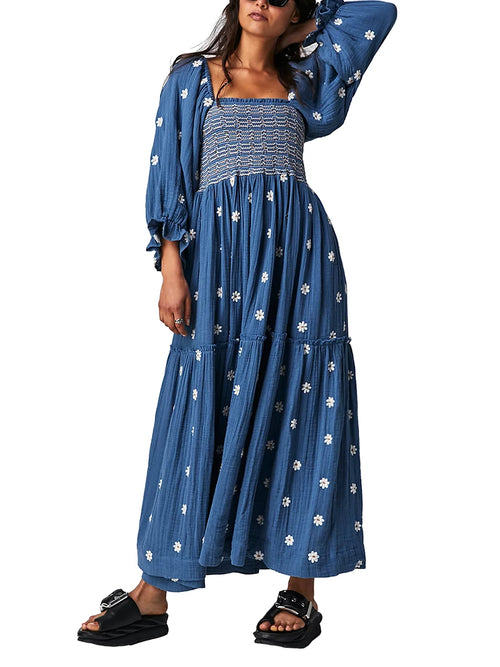 Women's Flower Embroidered Long Dress Bodycon Lantern Sleeve Square