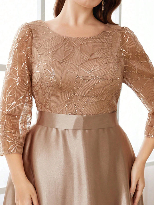 Mgiacy Crew neck long sleeve sequin patchwork satin long gown ball