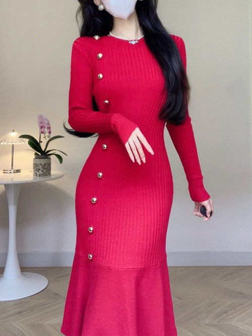 Korean Chic French Knitted Dress Women High Waist Fishtail Dresses