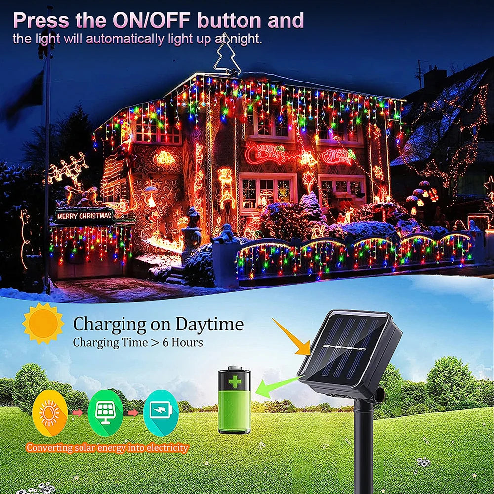 Solar Street Garden Decoration Garland Solar Curtain Icicle Light Outdoor LED String Lights 3.5M/7.5M Waterproof Curtain Light